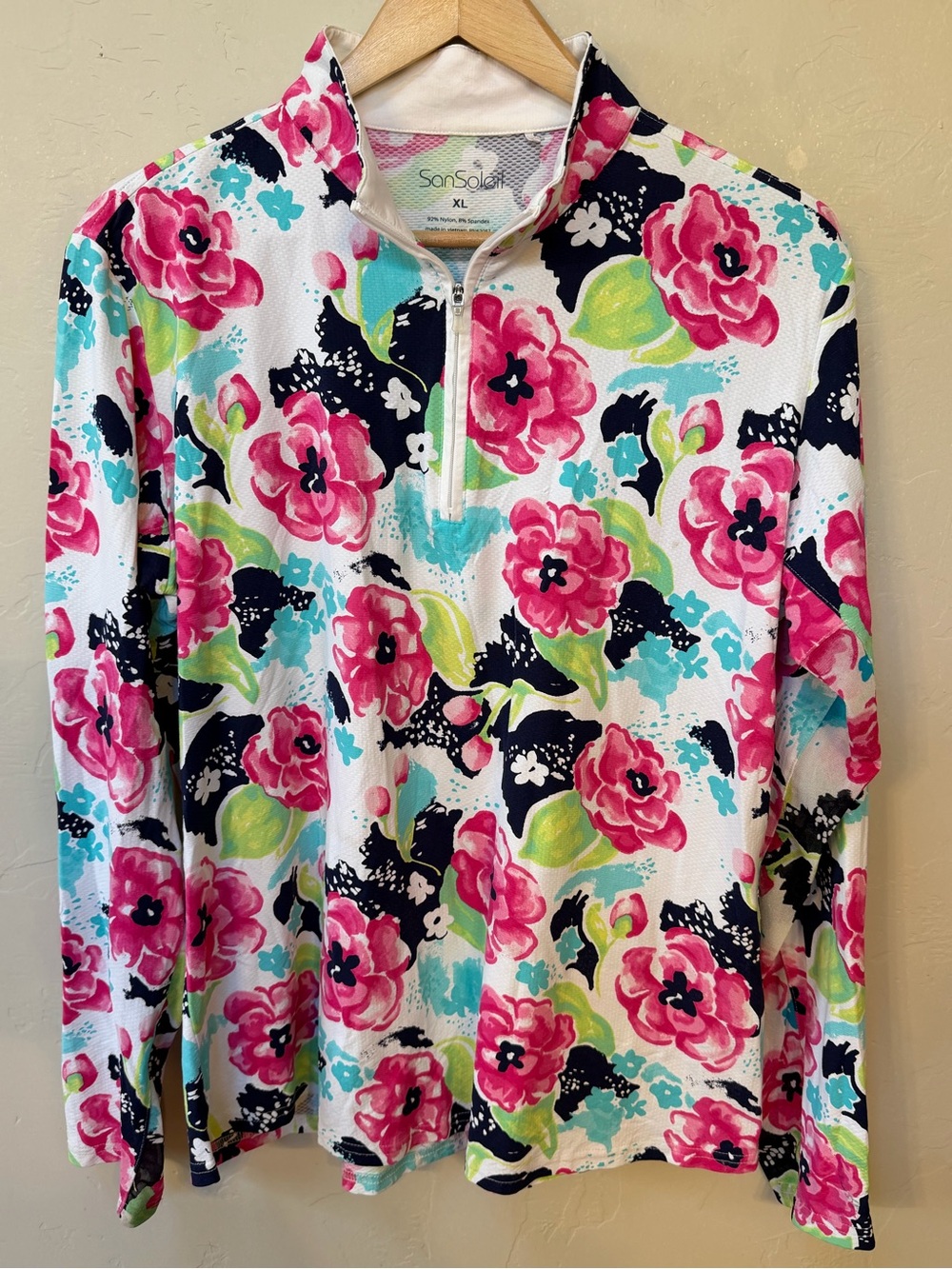 SanSoleil UV 50 Long Sleeve Quarter Zip Pink Floral Sunshirt Vented Golf XL